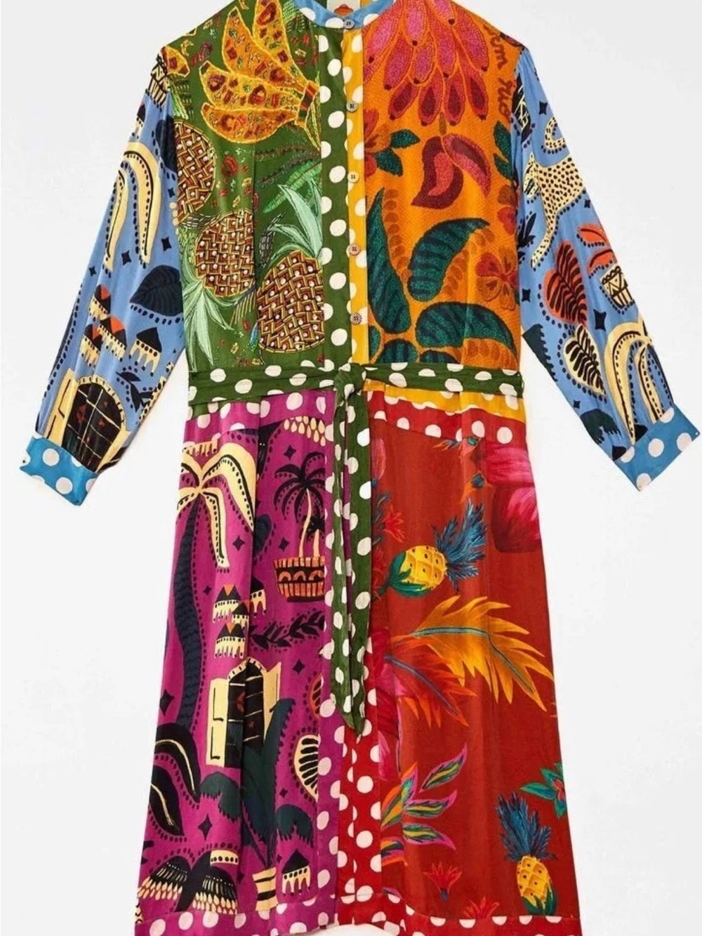 FARM Rio Multicolor Tropical Print Patchwork Button-Front Dress